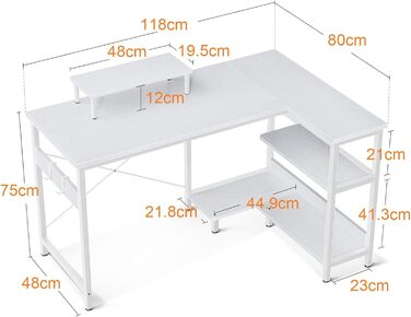 Г-подібний письмовий стіл з полицями, двосторонній, підставка для монітора, полиці для зберігання (120x80x75см, білий)
