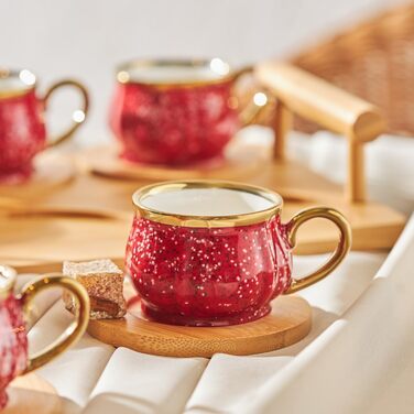 Набір червоних кавових чашок на 6 персон з бамбуковим підносом 90 мл Karaca