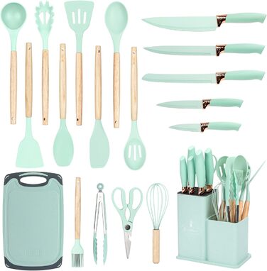 Набір кухонних ножів EliteHoff 19 предметів: 5 ножів, 12 аксесуарів, дошка та підставка – з дерев'яними ручками, безпечний, можна мити в посудомийній машині, чорний (E-6074)