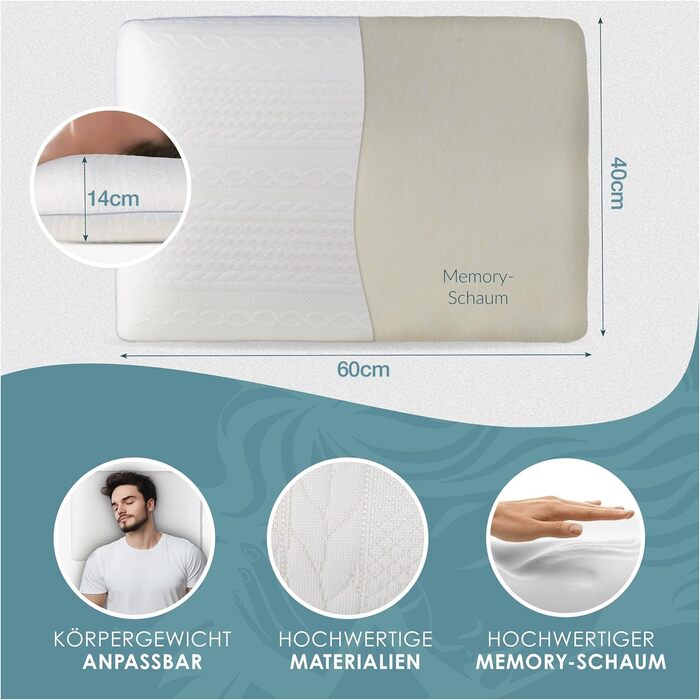 Ортопедична подушка з піною з пам'яті Memory Foam для здорового сну, проти болю в шиї, для всіх типів сну (на спині, животі та боці), біла, 14 см висотою, 1 шт.