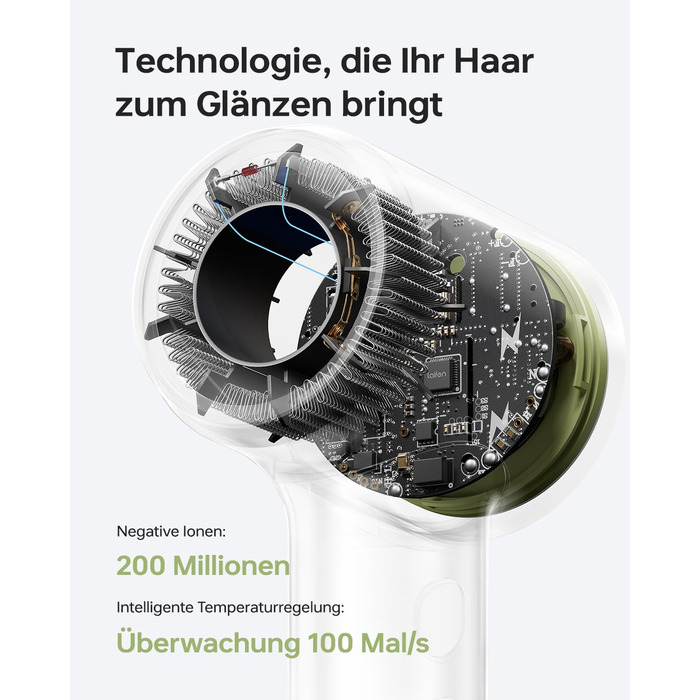 Компактний фен для волосся Laifen Mini з безщітковим двигуном (110 000 об/хв) та іонізацією, швидке сушіння, низький рівень шуму, колір зелений