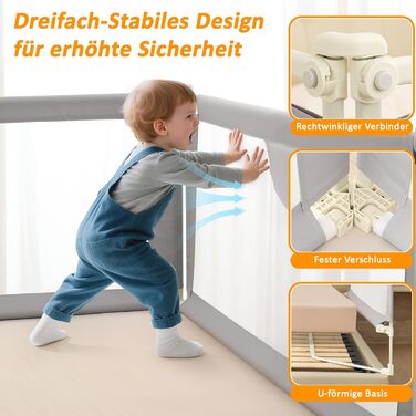 Бортики для ліжка дитячі 3 шт., захисні грати на ліжко для малюків (2x200 см + 1x180 см), сірі, складані