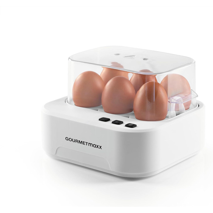 Електричний яйцеварка Gourmetmaxx на 6 яєць зі звуковим сповіщенням | Яйцеварка з функцією діркопроколювача, мірним стаканом та голосовим оповіщенням | 3 ступені нагріву для ідеально зварених яєць | Легке очищення та зручне використання