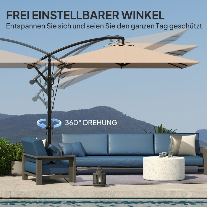 Парасолька Outsunny Centilever Ø260 см із захистом від ультрафіолету 50+ Водовідштовхувальна кривошипна парасолька з підставкою, чохлом, кривошипом, вітрозахистом, ринком Перекидна садова парасолька для балконного патіо хакі
