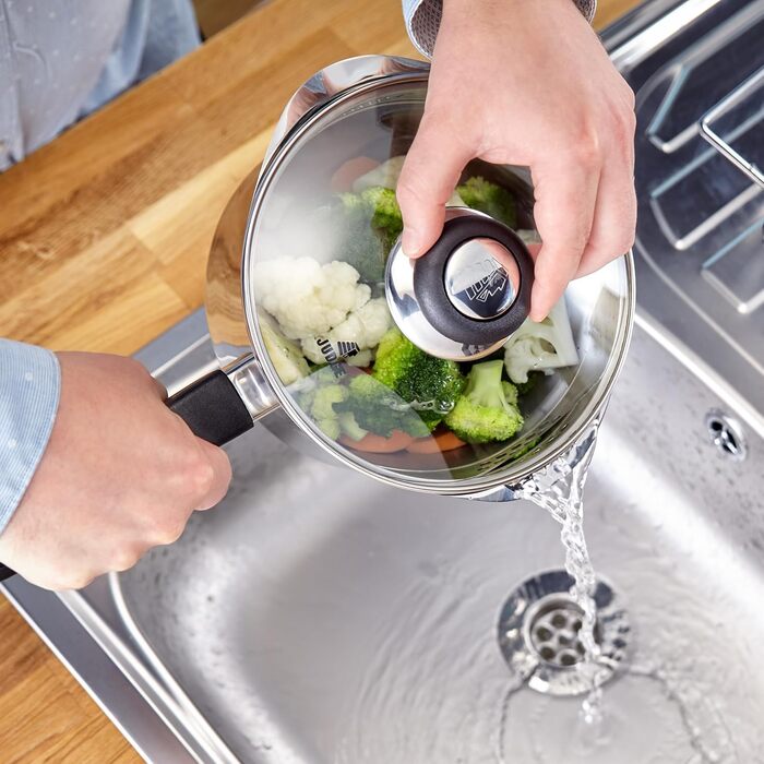 Набір каструль Judge Vista з нержавіючої сталі, 16/18/20 см, з кришкою-ситом та антипригарним покриттям, для індукційних плит, придатний для духовки