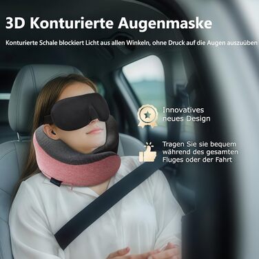 Подушка для шиї Proglobe, 100% Memory Foam, ортопедична, для подорожей (літак, авто, поїзд), з маскою для сну, сітчаста сумка (рожева)