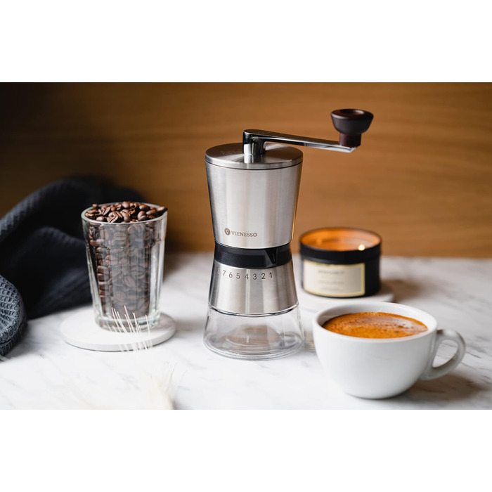 Ручна кавомолка з 8 ступенів помелу – кавомолка з нержавіючої сталі з керамічним жорном для еспресо, фільтра та френч-прес – велика ручна кавомолка для дому та офісу, срібна, кераміка