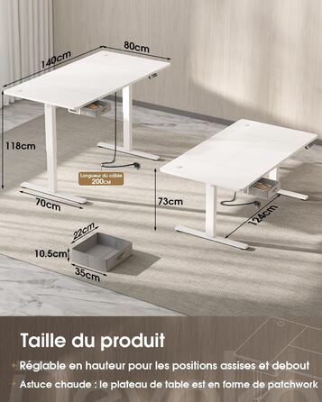 Регульований стіл Devoko з підйомною висотою, 140x80 см, з ящиками, USB-порт, органайзер для кабелів, стоячий стіл з 3 рівнями пам'яті, білий