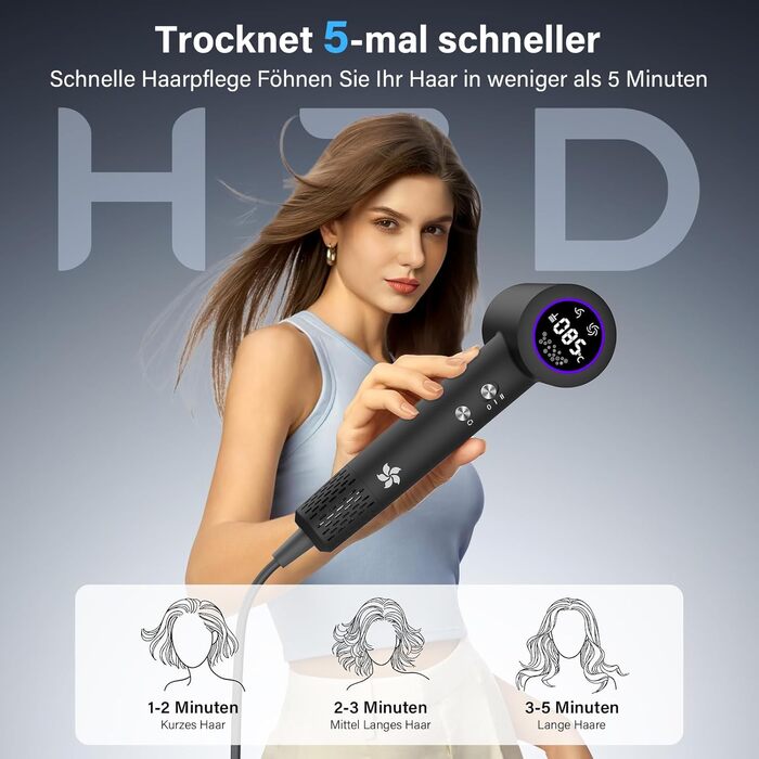 Професійний фен для волосся з дифузором, безщітковий двигун 110 000 об/хв, 400 млн плазмових іонів, низький рівень шуму 57дБ, чорний