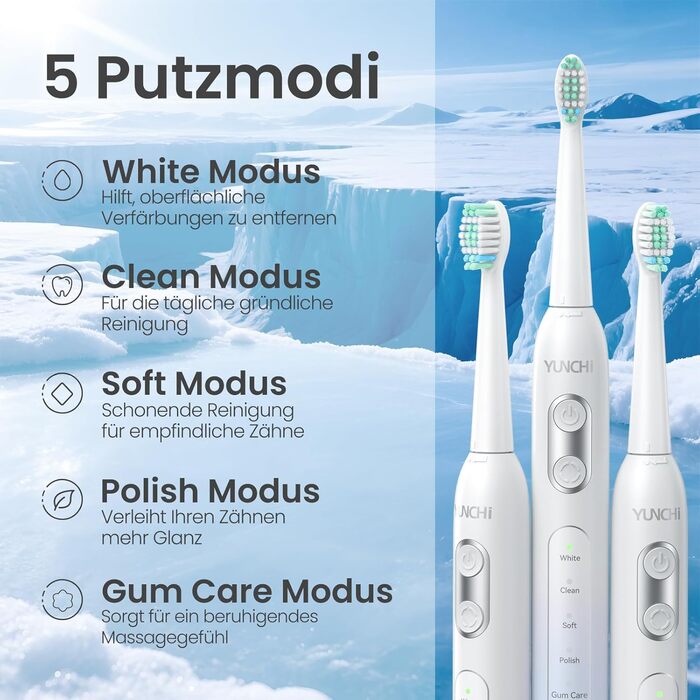 Електрична зубна щітка YUNCHI - звукова, для дорослих та дітей, 40000 VPM, USB-C, 5 режимів, 8 насадок + чохол, блакитна