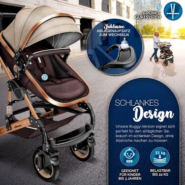 Дитяча коляска KIDUKU® 3 в 1 XXL Комплект | Комбінована коляска з люлькою, візком та автокріслом, комплект включає: люльку, візок, автокрісло, підніжка для ніг, сумка для пеленання, грілки для рук, дощовик, столик для дитини, гумові колеса, ECE R129, Колі