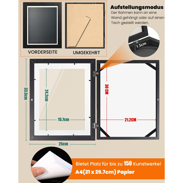 Рамки для фотографій A4, 2 шт. - Чорні, для дитячих малюнків, школи, дому, офісу