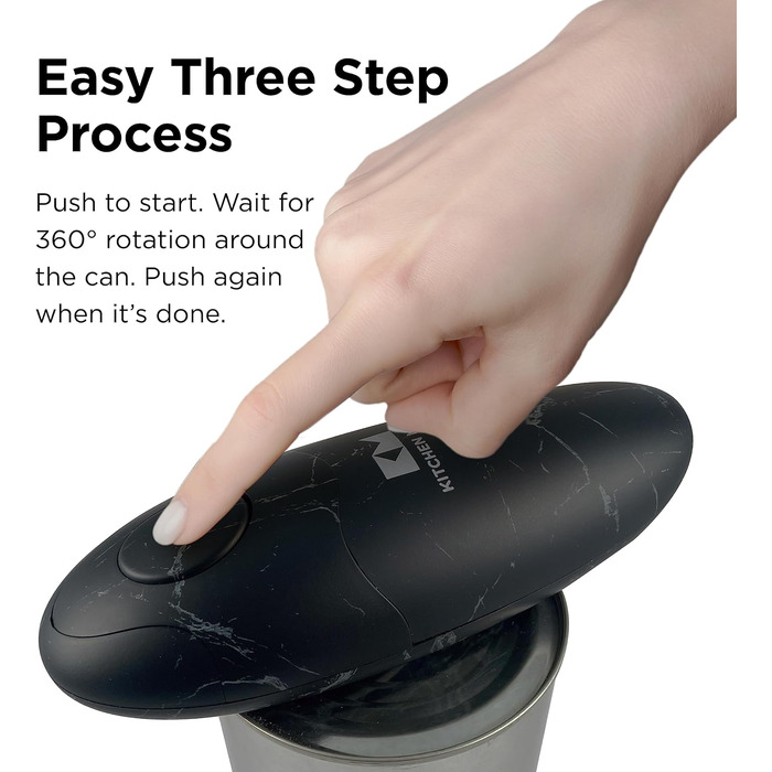 Електричний відкривач консерв Kitchen Mama 2.0: автоматичний, бездротовий, з гладкою кромкою, для безпечного відкривання, працює від батарейок (мармуровий чорний)