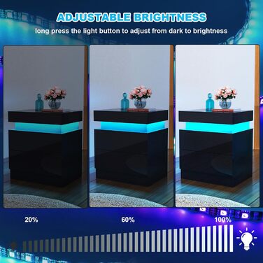 Тумба приліжкова чорна з LED-підсвіткою, висувними ящиками, 16 кольорів, для спальні та вітальні, 45x35x52 см