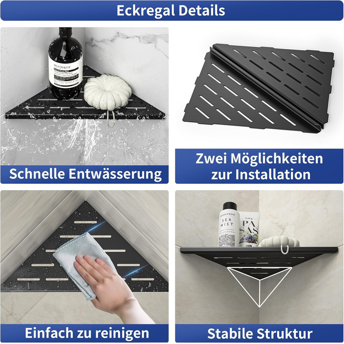 Поличка для душу Eck Edelstahl, нержавіюча сталь 304, поличка для ванної кімнати, кріплення на плитку, вбудована поличка для ремонту ванної кімнати (254 мм - 2 шт.) (254 мм - 2 шт., чорний)