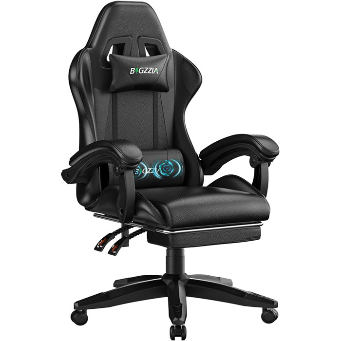 Ігровий крісло Bigzzia з масажем та підніжкою, ергономічний, регульована спинка 90-135°, чорний