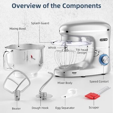 Кухонна машина Cheflee 2000W з місткою чашею 6.2L з нержавіючої сталі, 6 швидкостей, низький шум, набір насадок (міксер, гак для тіста), захист від бризок