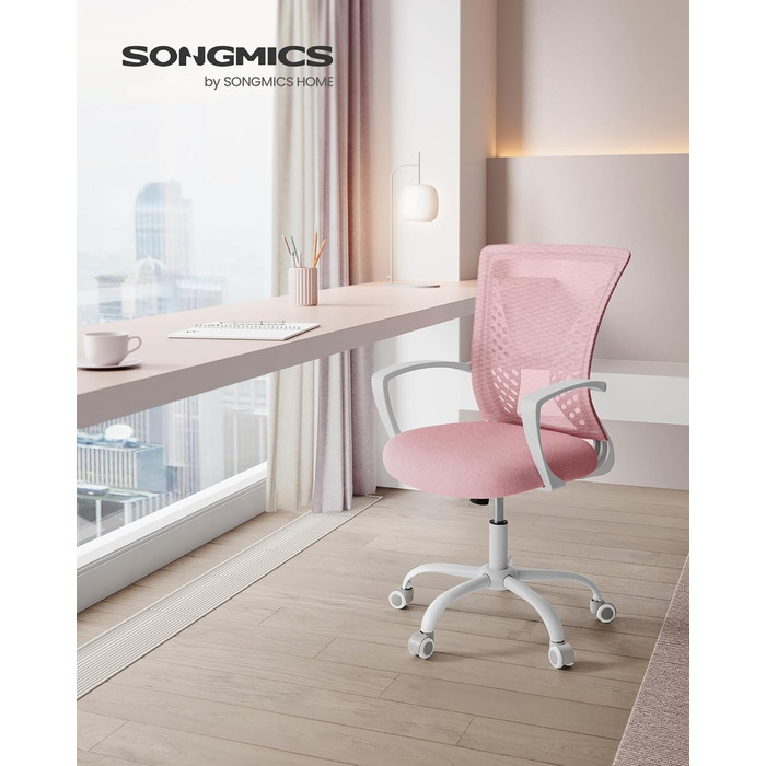 Ергономічне офісне крісло SONGMICS для комп'ютера, сітчасте стілець для робочого столу з функцією гойдання, регулюванням висоти, пастельно-рожеве, до 120 кг, OBN022GD01