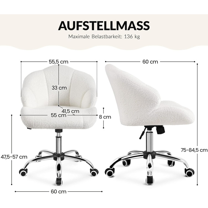 Крісло для дому та офісу Yaheetech, крісло для макіяжу, регульоване по висоті, поворотне, офісне крісло у формі мушлі, крісло з роликами, оксамитове крісло, до 136 кг, білий (сніжно-білий)