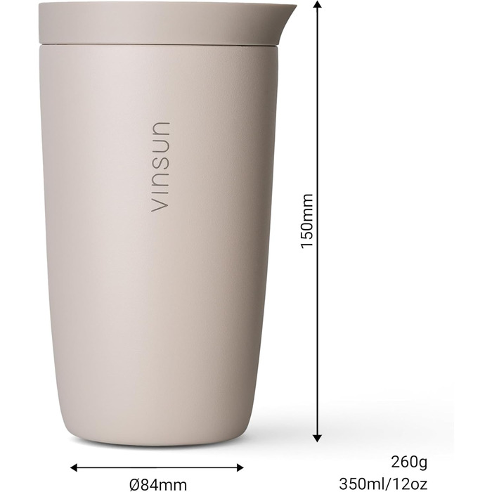 Термокружка VINSUN для кави з собою 350 мл, з подвійними стінками, з нержавіючої сталі, з герметичним клапаном, для гарячих та холодних напоїв, для автомобіля, університету, бежевий колір