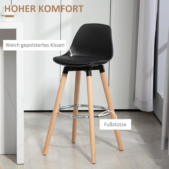 Набір з 2 барних стільців у скандинавському стилі, з підставкою для ніг, розміром 43 см x 43 см x 91 см, у кольорах: натуральний + чорний