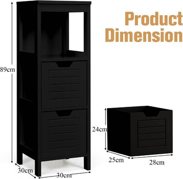 Тумба для ванної кімнати, вузька, з 2 ящиками, дерево, 30x30x89 см, чорна