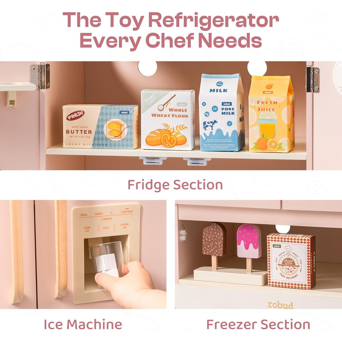 Дерев'яна іграшкова кухня ROBUD для дітей з реалістичним аксесуаром, набір іграшкової кухні з багатьма функціями, сучасний дизайн, подарунок від 3 років (холодильник)
