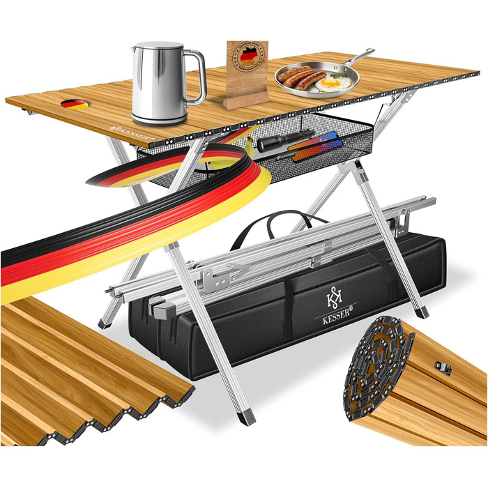 Кемпінговий стіл KESSER® розкладний, з алюмінієвим каркасом, регулювання висоти, 90x53 см, до 100 кг, з сумкою та сітчастою кишенею, (145x70 см, імітація дерева)