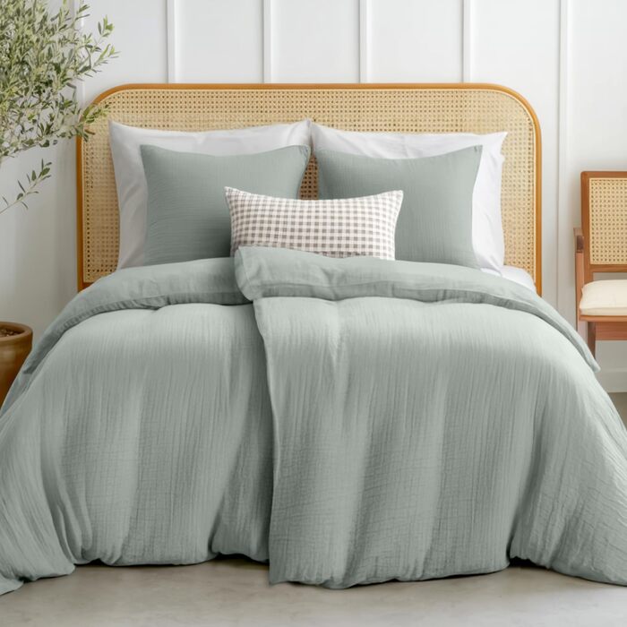 Комплект постільної білизни Dreamzie з мусліну 135x200 см, 100% бавовна. В комплекті: 2 наволочки 80x80 см та 2 наволочки 135x200 см. Сертифікат Oeko-Tex, застібка на блискавку. (Блакитно-сірий, 4-елементний комплект 135x200 + 2 x 80x80)