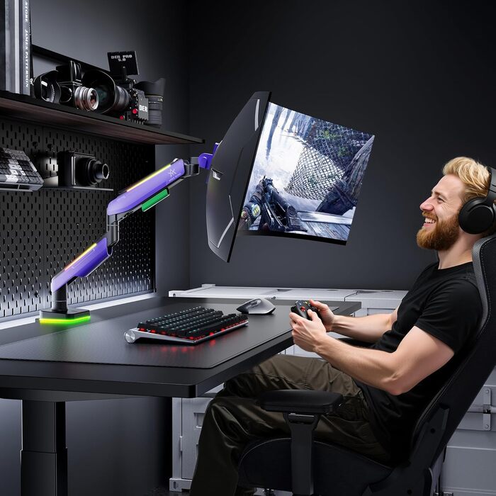 Кріплення для монітора ARES WING Gaming – для моніторів 17-49 дюймів, RGB, витримує до 20 кг, VESA 75/100 мм (фіолетовий)