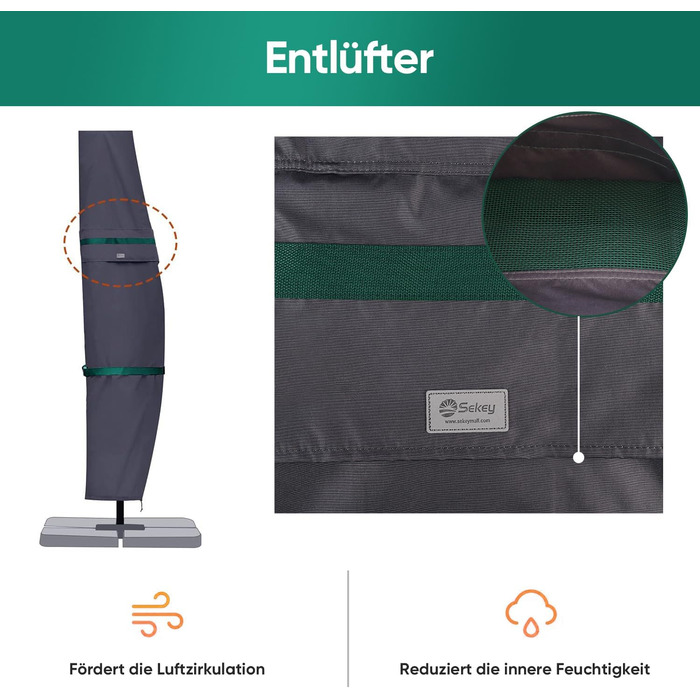 Чохол для садового парасоля Sekey, 260 x 40/70/50 см, темно-сірий, водонепроникний, з вентиляційними отворами