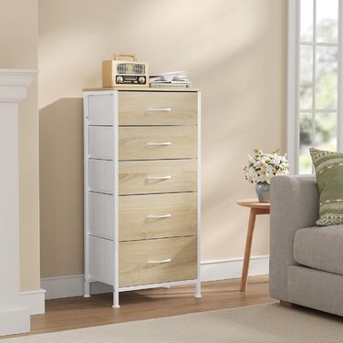 Комод WOLTU з 5 висувними ящиками з тканини, шафа-комод, тумбочка, для спальні, вітальні, передпокою, з металевим каркасом та ДСП, світлий дуб + білий, SSK004whe