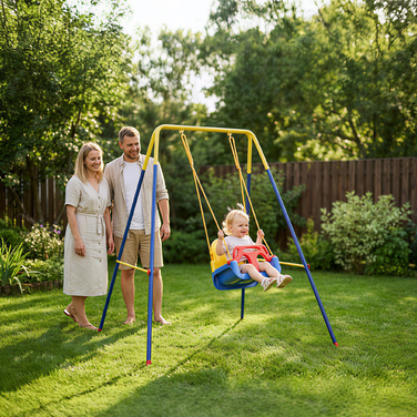 Складана рама для гойдалки з А-подібною основою, 2 гачки, 4 анкерні болти для фіксації на землі, призначена для дітей від 9 місяців до 8 років, розміром 128x155x157 см, блакитного кольору.