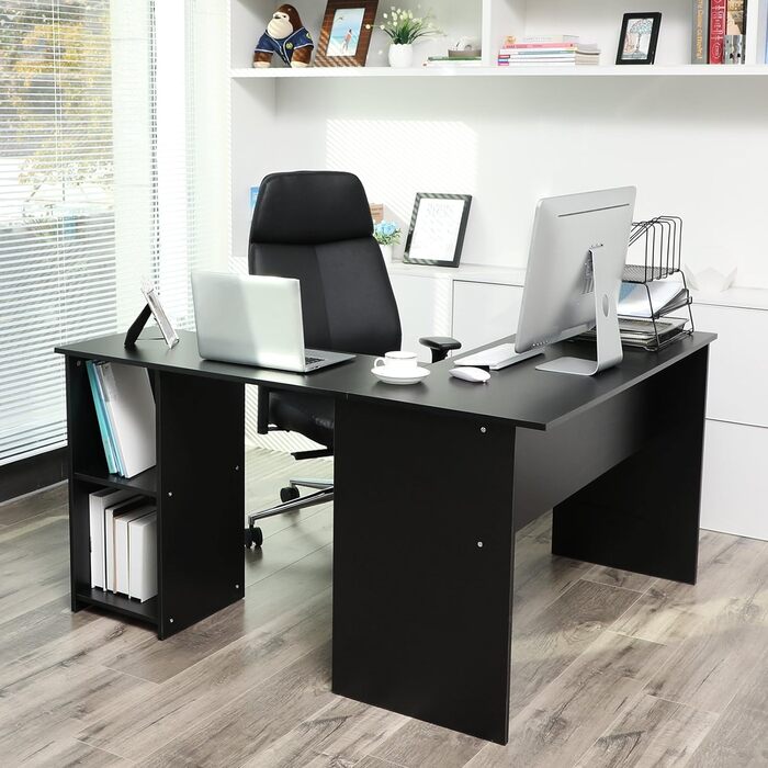 Кутовий стіл, великий комп'ютерний стіл з 2 полицями та висувною шухлядою для клавіатури, письмовий стіл, 140 x 120 см, стійкий стіл для ПК, комбінація кутів, офісний стіл, легка збірка, чорний, LCD810B