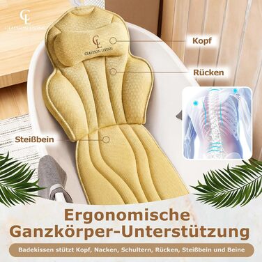 Подушка для ванни повне тіло (152x56 см) з підголівником (11 см) - підтримка шиї, спини та ніг - бежева. З сумкою для прання та подорожей, гачком для сушіння.