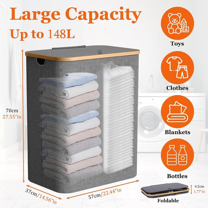 Кошик для білизни з кришкою, вузький, з бамбуковими ручками та внутрішньою кишенею, складаний, портативний, 148л, темно-сірий