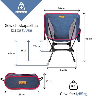 Складне крісло для кемпінгу MOUNTREX особливо стійке, легке та компактне (до 120 кг) - Складаний стілець із сумкою для перенесення - Рибальське крісло, крісло для кемпінгу, пляжне крісло - широке сидіння, складне (синє)
