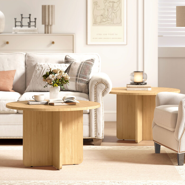 Круглий журнальний столик, бамбуковий столик для вітальні з перехресними ніжками, натуральний