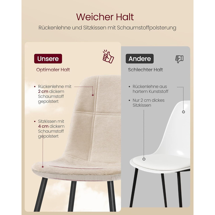 Стільці для їдальні VASAGLE (2 шт.) - м'які, з металевими ніжками, регульовані, кремово-білі