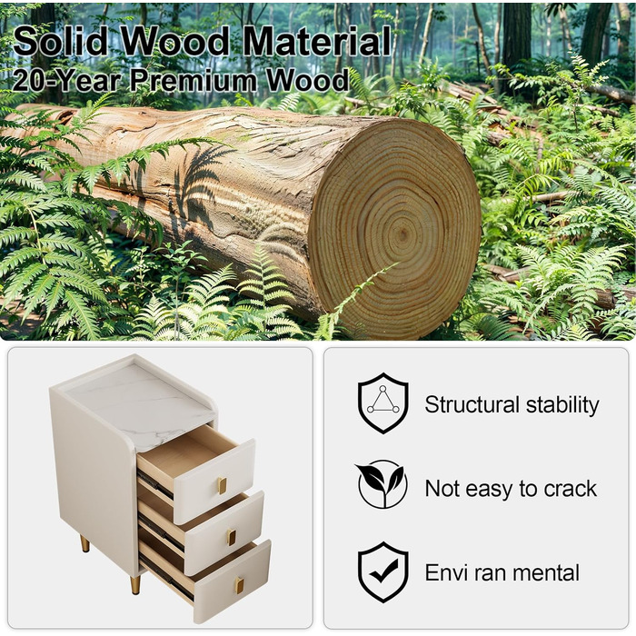 Нічний столик AQIMUELE, білий, з 3 шухлядами, 30 см, без встановлення, з екошкірою