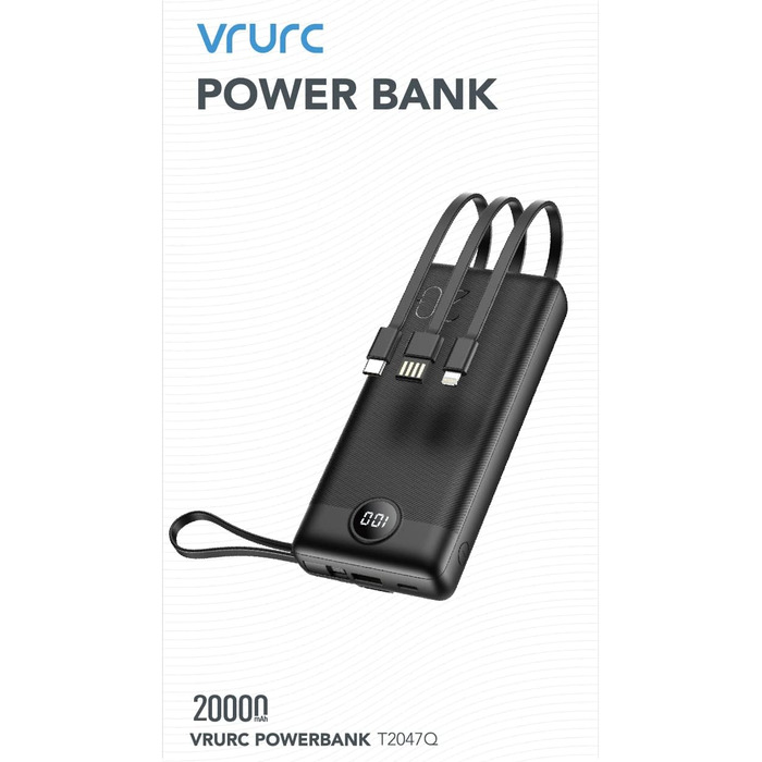 Блок живлення VRURC 22,5 Вт 20000 мАг з кабелем, USB C, LED-дисплей, сумісний з iPhone, Huawei, Samsung