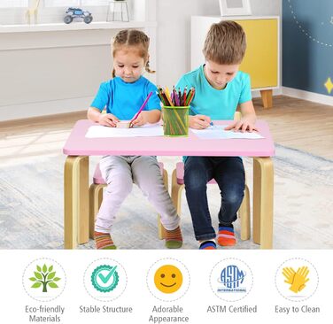 Дитячий стіл LIFEZEAL з 2 стільцями: дерев'яний комплект для дитячої кімнати (3-12 років, рожевий+натуральний)
