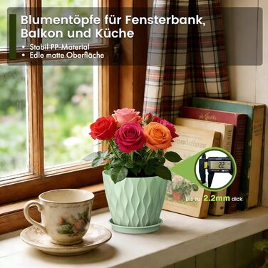 Набір горщиків для квітів 5 шт. об'ємом 20 см, пластикові горщики Dick з підставкою та дренажними отворами, горщик-пересадочний з 3D-фактурою для монстери, герані та кімнатних рослин (зелений, Ø 10,2 см, 5 шт.)