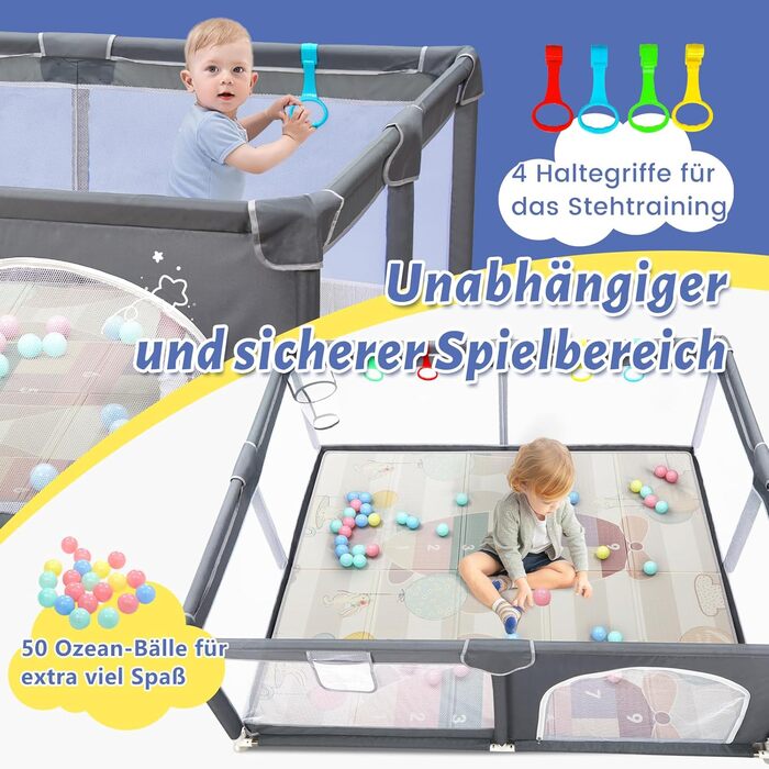 Манеж дитячий CHOLY для немовлят та малюків, 128x128 см, сірий з килимком 150x180 см - безпечний, міцний, з сіткою та захистом