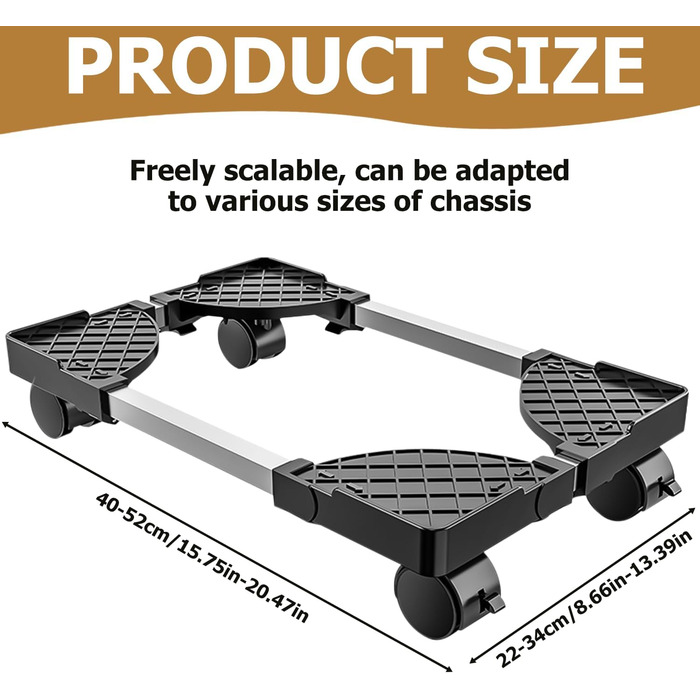 Підставка для CPU (процесора) ПК: Алюмінієва підставка для комп'ютера, універсальний регульований кріплення для CPU з 2 фіксованими колесами та 2 поворотними колесами на 360°, для настільних комп'ютерів або корпусів (чорний)