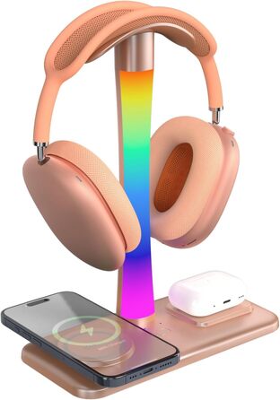 Підставка для навушників з бездротовим зарядним пристроєм, RGB-підсвічування, сумісна з AirPods Max, iPhone, Samsung, ідеальний подарунок для геймерів (Золото)