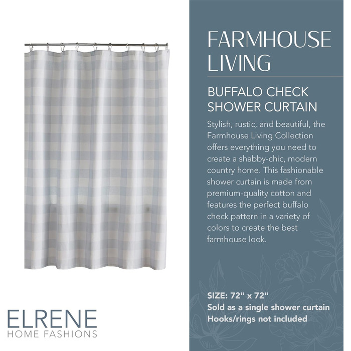 Штора для душу Elrene Home Fashions Farmhouse Buffalo Check, 72'x72', сірий/білий (синій/білий)