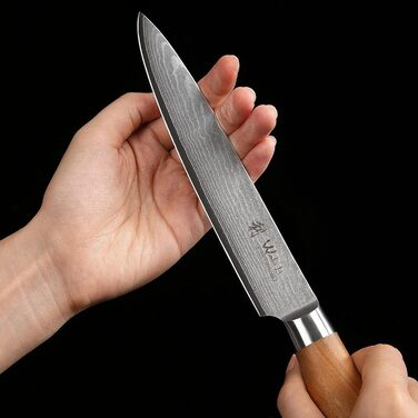 Ніж кухарський Wakoli з дамаської сталі (серцевина VG10) з 20 см лезом – гострий та збалансований – ніж з ручкою з оливкового дерева в подарунковій коробці – ніж кухарський з дамаської сталі для професіоналів та поціновувачів (ніж для нарізання)