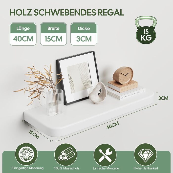 Набір полиць Wandregal 2 шт. з дерева – настінні полиці з прихованим кріпленням, білі, для вітальні, спальні, кухні, для книг та декору
