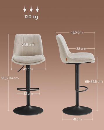 Барні стільці VASAGLE 2 шт., регульовані по висоті, обертаються, зі спинкою та підніжкою, для кухні, їдальні, бару, сталеві, LJB195G02 (кремово-білий, фланель)